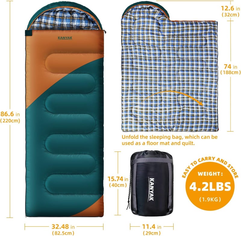 Kanyak Camping Sleeping Bag, 32℉ Sleeping Bags for Adults Kids Teens Cold Weather Warm Sleeping Bag Winter for 3-4 Season Camping, Camping Gear Equipment, Traveling, and Outdoors - Image 2